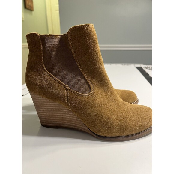 Lucky Brand Yamina Booties Wedge Tan Brown Leather Suede Women’s Sz 7M - Picture 3 of 12